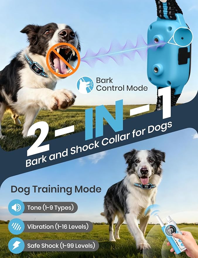 Smart 2-in-1 Dog Shock and Bark Collar - AI Anti-Misoperation, 3300FT Remote Training Collar, IPX7 Waterproof, 4 Modes (Tone, Vibration, Safe Shock, Auto Anti-Bark) for Dogs