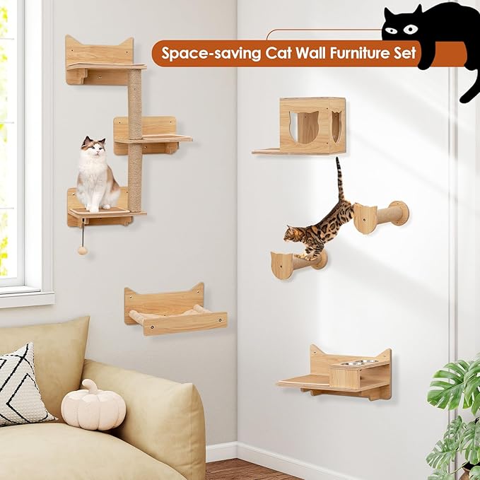 Tangkula Cat Wall Shelves, 6 Pieces Wooden Wall Mounted Kitten Furniture Set with Hammock, Food Water Bowl, 3-Step Cat Tree, Platforms, Scratching Posts & Hanging Toy, Cat Climber Steps (Natural)