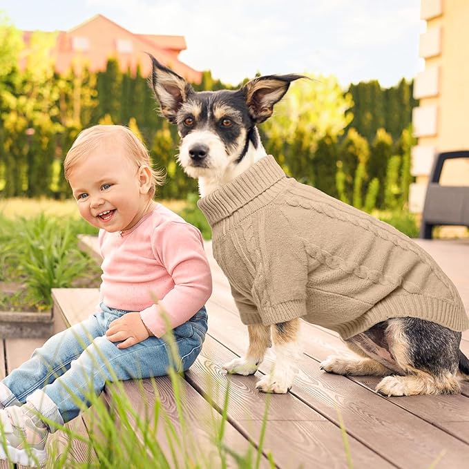 BEAUTYZOO Small Dog Sweater-Dog Sweatshirt Pullover Cable Knit Wear Classic Turtleneck Thick Cold Weather Clothes for Small Dogs,Medium Dogs,Khaki Cable S (Back: 12", Chest: 16", Neck: 10")