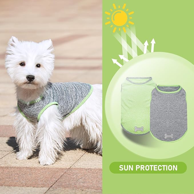 KYEESE 2Pack Dog Shirt, Lightweight Sun Protection Sleeveless Dog T Shirts for Small Dogs, Breathable Puppy Reflective Tank Top Summer Dogs Clothes for Outdoor Walking, Green+Grey, S