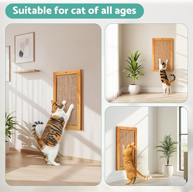 Cat Scratching Post, Wooden Sisal Cats Wall Scratcher, Floor or Wall Mounted Vertical Cat Scratch Pad for Indoor Cats Adults or Kittens, Scratching Board Cat Wall Furniture Protector