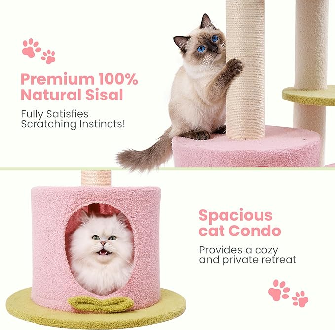 Max & Marlow Cat Tree Floor to Ceiling Cat Tower Height 95-108" Adjustable Kitten Tree Tall Climbing Tree with Carpet Scratching Post and Mat Cat Pole for Indoor Cats, Pink