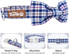 Tunkoo Dog Collar with Bow Tie Elegant Plaid Soft Comfy Cotton Adjustable Collar Premium Metal Buckle,Small Medium Large Puppy Cat Outdoor Training Walking Running（Bule Grid，L）