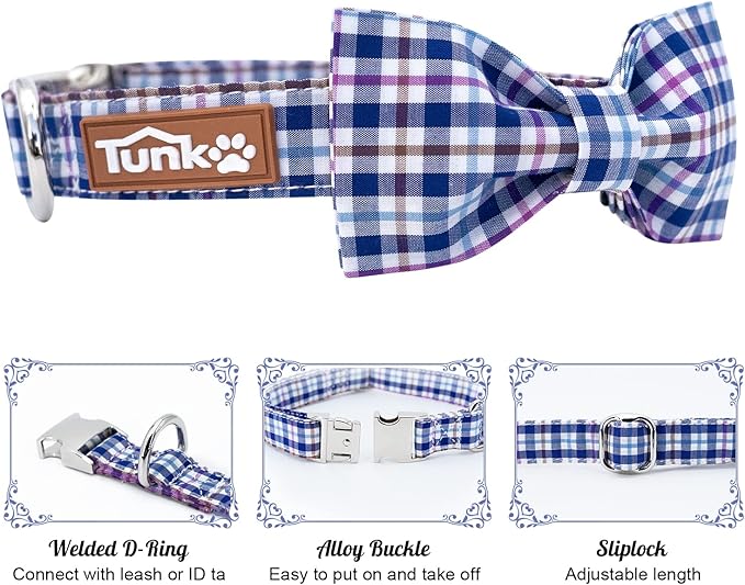 Tunkoo Dog Collar with Bow Tie Elegant Plaid Soft Comfy Cotton Adjustable Collar Premium Metal Buckle,Small Medium Large Puppy Cat Outdoor Training Walking Running（Bule Grid，S）