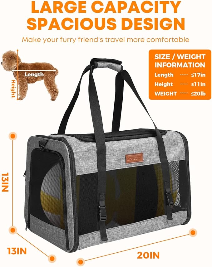Large Cat Dog Carrier for Pet Up to 20 Lb - 20×13×13 in, Top & Side Entry, Foldable, Soft-Sided Pet Carrier with Ventilated Anti-Scratch Mesh & Car Seat Buckle for Car, Travel and Vet – Grey