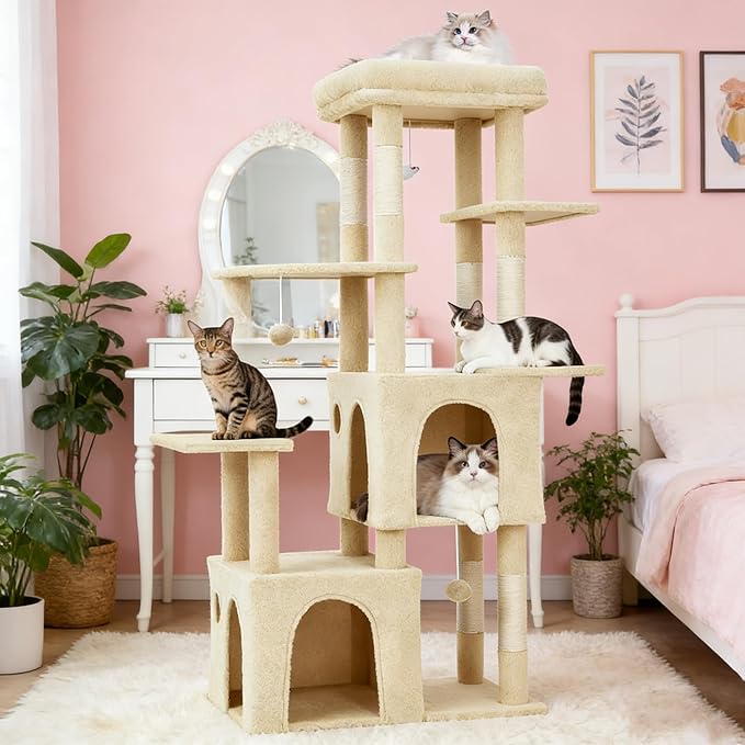 Cat Tree 61" Tall, Sisal Wrapped Scratching Post, Cat Nest, Hanging Ball, Extended Platform