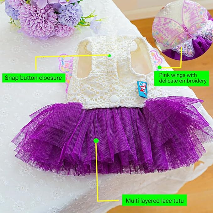 ANIAC Butterfly Dog Dress with Purple Tutu Funny Pet Clothes with Wing Girl Puppy Dress for Small Dogs Pet Butterfly Costume Holiday Cat Outfit for Halloween Birthday Wedding (Purple, Medium)