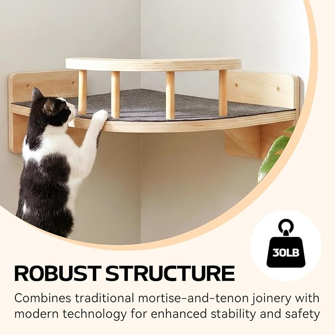 Cat Shelves for Wall, Corner Cat Wall Shelf with 3 Wide Steps, Wooden Wall Mounted Cat Shelf for Indoor Cats, 30 lb Capacity, Removable Plush Pads, Cat Climbing Perch Set for Large Cats