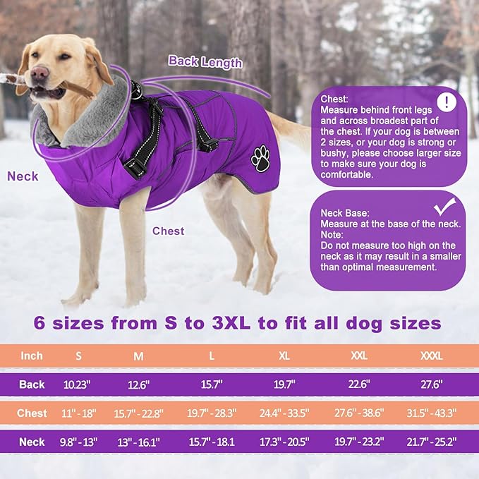 Doglay Dog Jacket Waterproof Dog Coat with Harness Built in, Christmas Puppy Winter Coat Reflective Turtleneck Puffer Snow Jackets for Small Medium Large Dogs