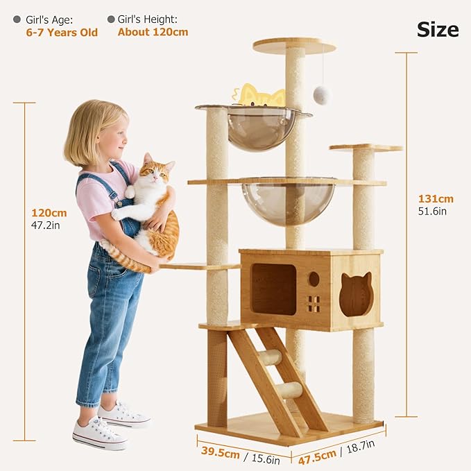 Large Cat Tree,131 Tall Wooden Cat Tower with Spacious Cave,2 Transparent Space Capsule,8 Fully Scratching Posts and Natural Wood Posts, Kitty Condo with Multi-Layer Platform