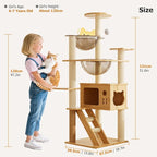 Large Cat Tree,131 Tall Wooden Cat Tower with Spacious Cave,2 Transparent Space Capsule,8 Fully Scratching Posts and Natural Wood Posts, Kitty Condo with Multi-Layer Platform