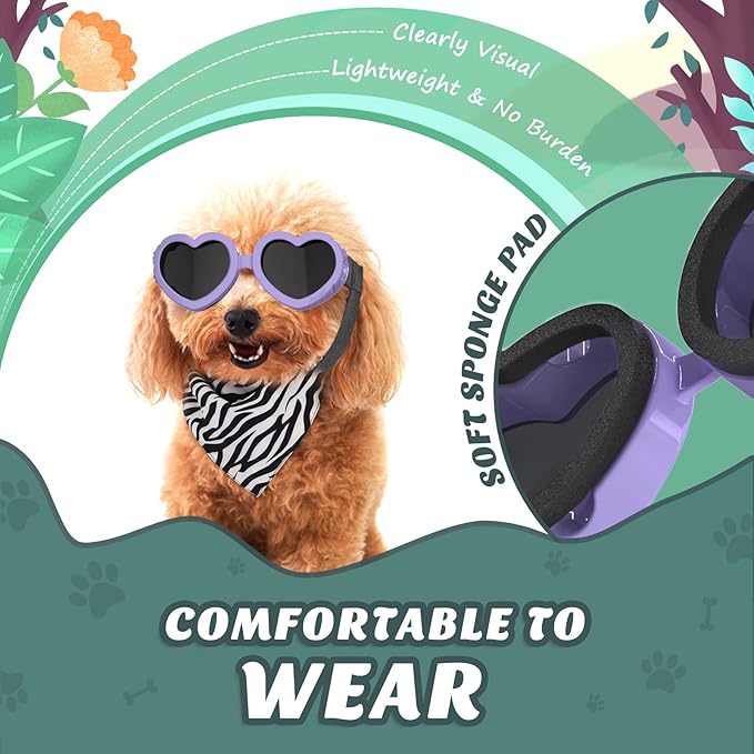 Lewondr Small Dog Sunglasses UV Protection Goggles Eye Wear Protection with Adjustable Strap Doggy Heart Shape Anti-Fog Sunglasses for Pet Dogs Sun Glasses Doggie Windproof Glasses, Macaron Purple