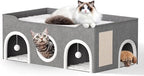 All-in-1 Extra-Wide Cat House for Indoor, Multi Cats Puppy Family, Large Cat Cave for Pet House with Fluffy Ball Hanging and Scratch Pad, Foldable Dog Hideaway