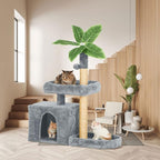 31.5" Cat Tree Tower for Indoor with Green Leaves, Cat Condo Cozy Plush House with Hang Ball and Leaf Shape Design, Cat Furniture Pet House with Scratching Posts, Grey