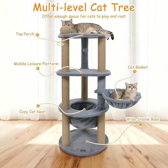 PETSITE Multi-Level Cat Tree, 47 Inches Tall with Jute Scratching Posts, Nest, Rotatable Cat Basket, Dangling Ball, and Top Scratching Ball, Ideal for Indoor Cats to Play and Rest
