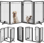 36" Tall Metal Freestanding Dog Gate with Cat Door for Indoor&Outdoor,80" Extra Wide Foldable Pet Gate,Foldable Indoor Dog Fence for Wide Openings Stairs,Deck,Yard,Doorways(4 Panels,Black)