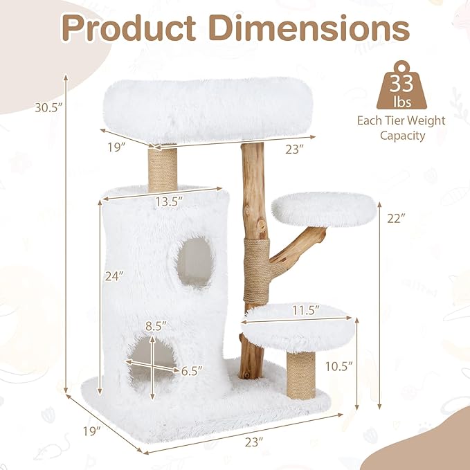 PETSITE 30.5 Inches Wooden Cat Tree, Multi-Level Modern Cat Tree with Scratching Posts, 2-Layer Condo, Long Plush Covered Soft Top Perch, and Various Jumping Platforms, Ideal for Indoor Cats
