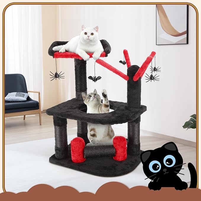 Nobleza Gothic Cat Tree with Coffin Bed, 24.4" Halloween Black Goth Cat Tree Tower for Indoor Cats, Spooky Cat Tree Stand Climber Pole with Hanging Spiders Bats for Kitten, Black Red, Small