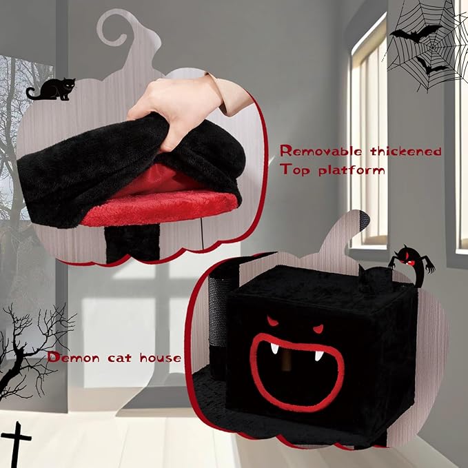 Gothic Cat Tree with Coffin Bed，62.5" Black Cat Tower with Spacious Demon Styled Cat Condo，Cozy Plush Perch, Scratching Posts，Hanging Ball，Multi-Level Cat Activities Furniture for Large Cats
