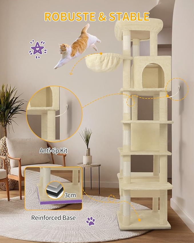 Cat Tree, 82.6" Large Cat Tower for Indoor Cats, Multi-Level Cat House with Condo, 8 Scratching Posts, Hammock, 4 Pom Poms, Beige MS21018YL