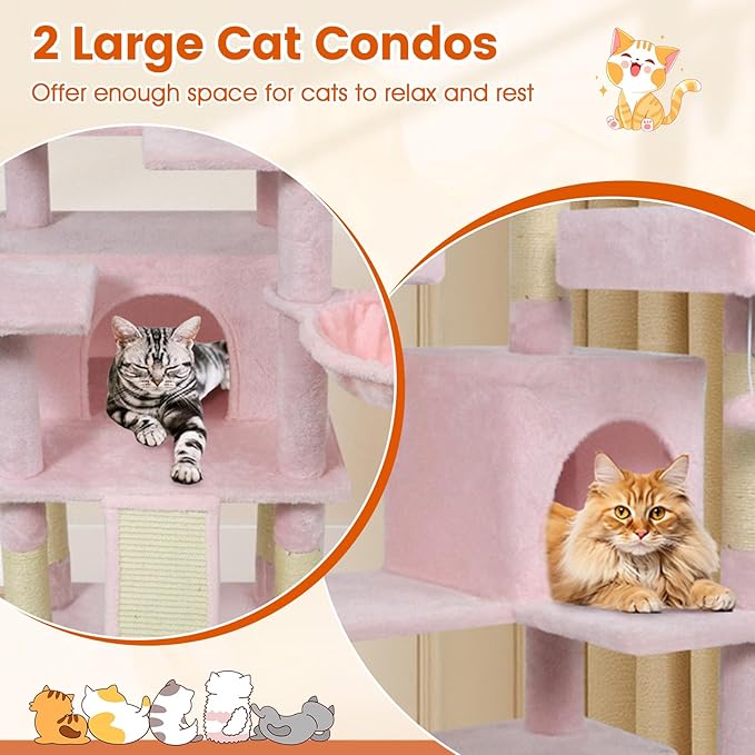 PETSITE Multi-Level Cat Tree, 65 Inches Tall with Sisal Scratching Posts, Condos, Rotatable Cat Basket, Dangling Balls, and Sisal Ladder, Ideal for Indoor Cats to Play and Rest (Pink)