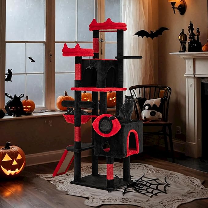 Tangkula Gothic Cat Tree, Large Spooky Cat Tower with Sisal Scratching Posts & Ramp, 2 Cat Condos, 2 Devil Ear-Shaped Perches, Spider Toys, Bat-Shaped Platform, Basket Bed, Goth Cat Tree, Black & Red