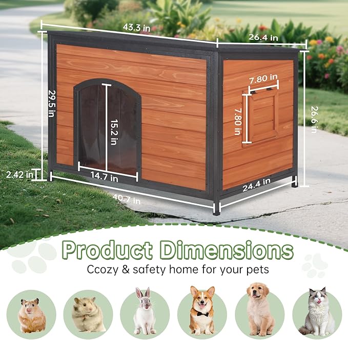 Insulated Dog House Outdoor Weatherproof, Wooden Warm Houses with Upgrade Anti-Chewing Iron Frame Dog Shelter for Puppies