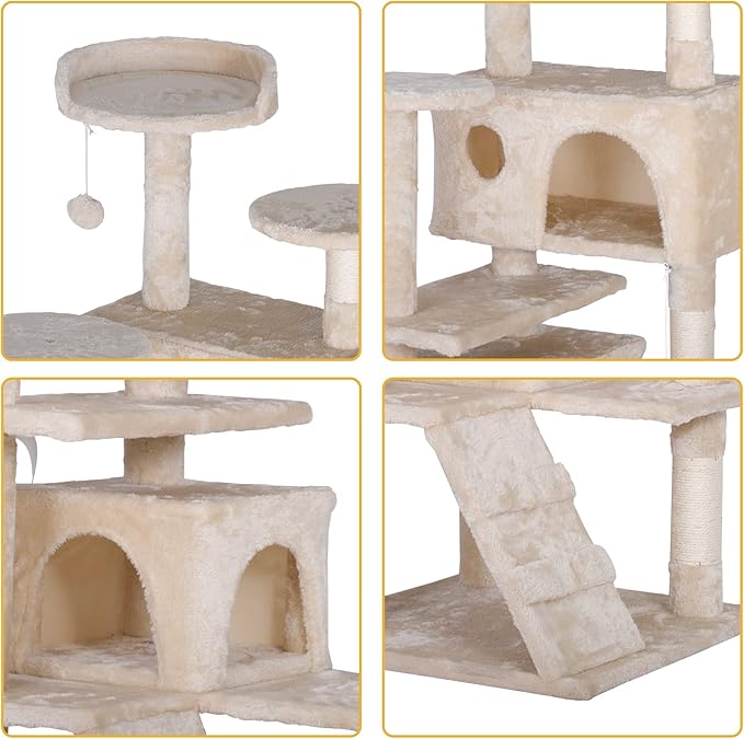 53 inches Heavy Duty Multi-Level Cat Tree Tower with Condo Furniture & Scratching Posts for Kittens Play Rest (Beige)