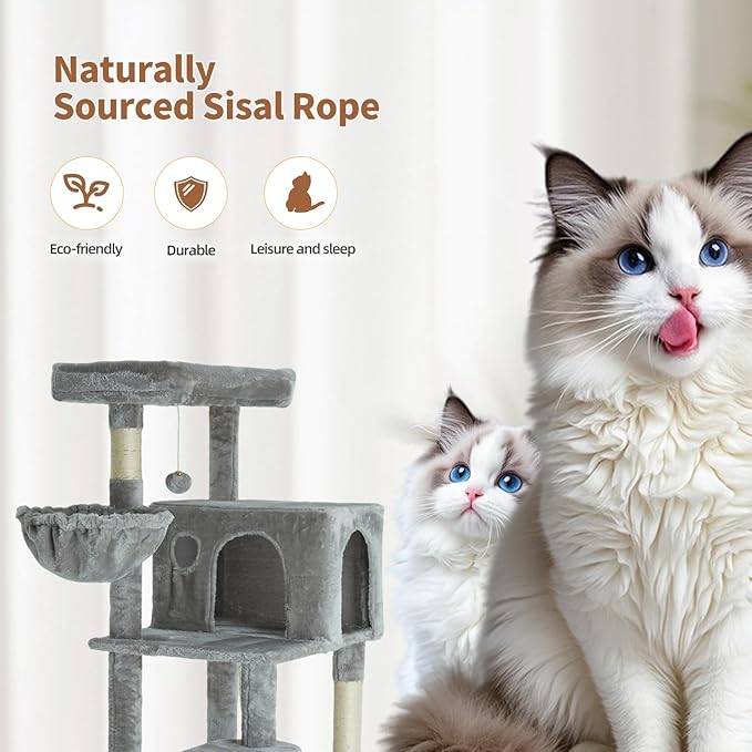 56.2 Inch Cat Tree Condo, Multi-Level Tower with Sisal Scratching Post, Cat House, Plush Toy & Indoor Play Gym (Grey)