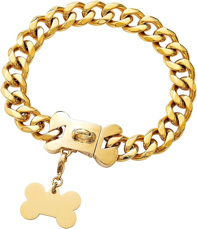 Bone Buckle Gold Dog Collar,18K Gold Plated Cuban Link Fashion Necklace Collar for Small and Medium Dogs(Long 14'',Width 0.75'')