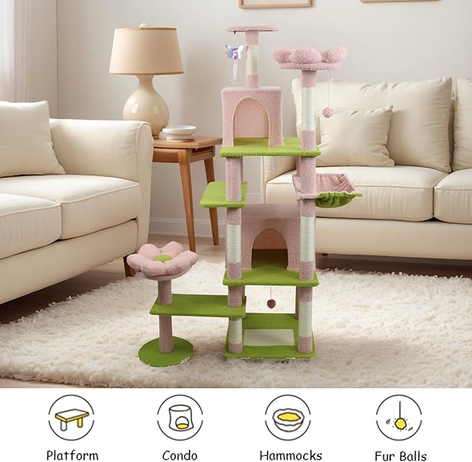 71 inch Flower Cat Tree, Multi-Level Cat Tower with Large Condo Removable Flower Cushion and Hammock, Tall Cat Tree for Indoor Large Cats Climbing, Scratching, and Play (Pink)