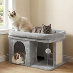 Heybly Cat Tree, 14 inch Cat Tower with Large Perch Bed and Cat Condo for Indoor Cats Large Adult, Cat House with Scratching Posts and Interactive Spring Balls for Your Kittens, Light Gray HCT203SW