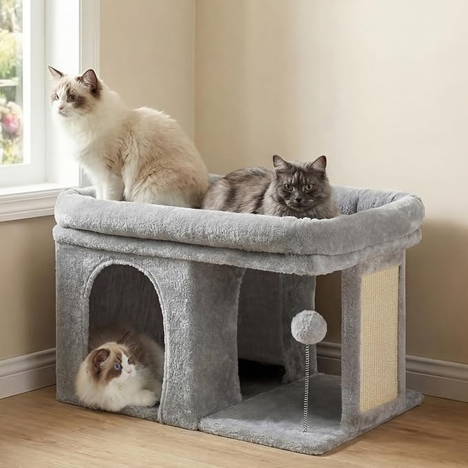 Heybly Cat Tree, 14 inch Cat Tower with Large Perch Bed and Cat Condo for Indoor Cats Large Adult, Cat House with Scratching Posts and Interactive Spring Balls for Your Kittens, Light Gray HCT203SW