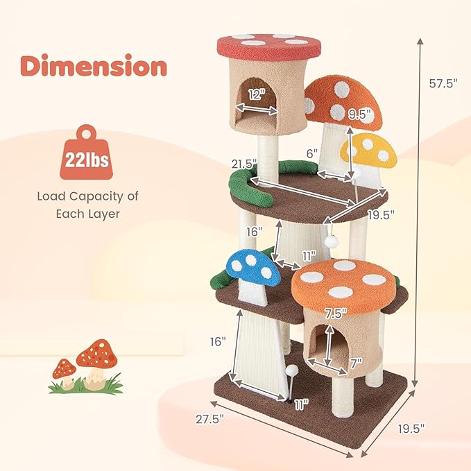 Nightcore Mushroom Small Cat Tree, 57.5" Multi-Level Cat Tower w/Natural Sisal Scratching Posts & Boards, Cat Tree w/Interactive Balls & 2 Cozy Cat Condos for Indoor Cats Large Adult