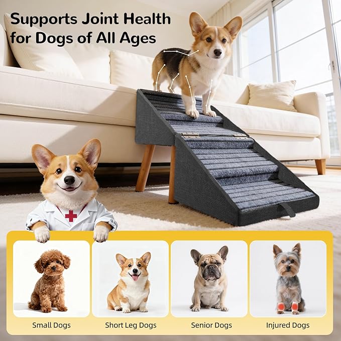 17.13" H Dog Stairs for Small Dogs, 2-in-1 Pet Steps & Ottoman - Foldable Dog Stairs for Couch, Non-Slip Wooden Pet Stairs for Puppy Senior Injured Dogs