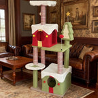 55" Christmas Cat Tree Tower for Indoor Cats,Multi-Level Cat Climbing Tower with Cat Condos, Top pad, Plush Toy, Grab Bar and Board, Kittens Play Activity Center (55 Inch)