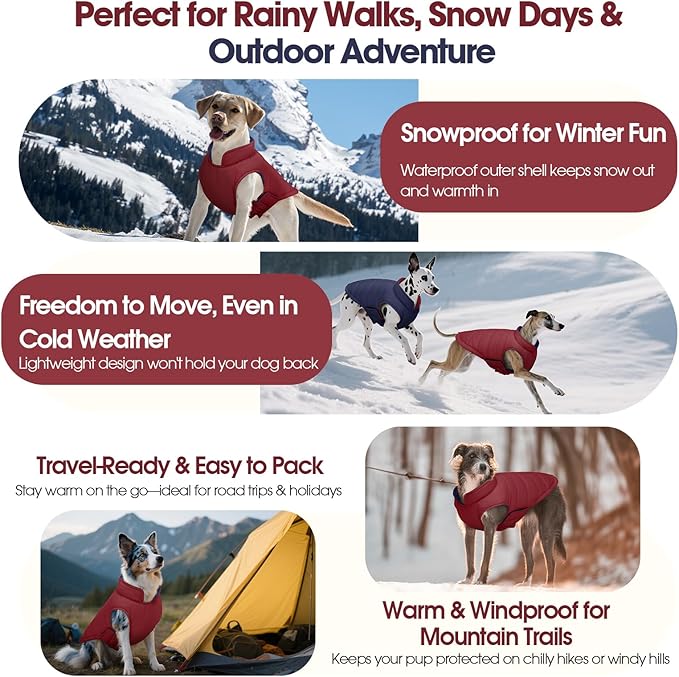 QBLEEV Reversible Dog Winter Coat, Waterproof Windproof Dog Jacket with Adjustable Fit & Leash Hole, Lightweight Warm Puffer Vest for Large Breeds, Wine Red, 2XL – Fits Labrador, Husky, Weimaraner