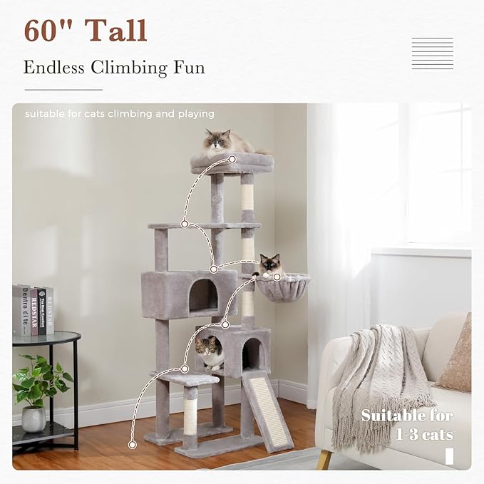 PEQULTI 60'' Cat Tree, Tall Cat Tower with 2 Large Condos, Wide Top Perch, Cozy Hammock and Sisal Scratching Posts for Indoor Cats Lare Adult Gray