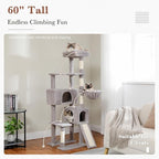 PEQULTI 60'' Cat Tree, Tall Cat Tower with 2 Large Condos, Wide Top Perch, Cozy Hammock and Sisal Scratching Posts for Indoor Cats Lare Adult Gray