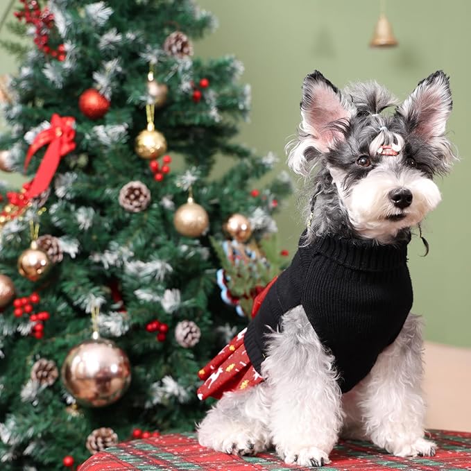 CuteBone Christmas Dog Sweater for Small Dogs Girl, Turtleneck Medium Dog Sweater with Bowtie Leash Hole, Warm Pet Sweaters Knitwear for Small Dogs DS106XL