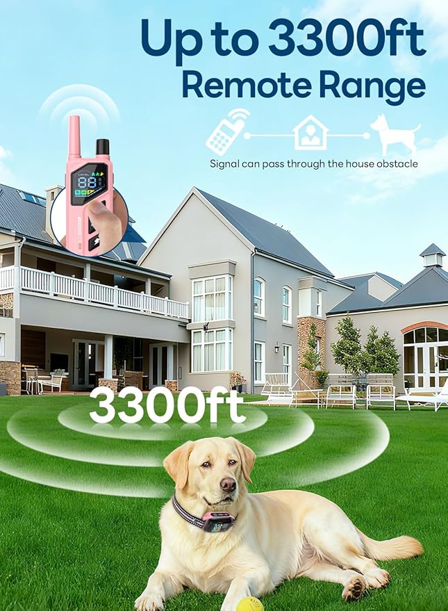 Dog Shock Collar - 3300FT Dog Training Collar with Remote, IPX7 Waterproof Electric Dog Collar with 4 Training Modes, Security Lock, Rechargeable E-Collar for Small Medium Large Dogs (Pink)