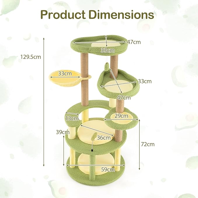 PETSITE 51-inch Avocado-Themed Cat Tree, Multi-Level Modern Cat Tower with Jute Scratching Posts, Avocado-Shaped Dangling and Spring Toy, and Removable Cushions, Cute Cat Tree Tower for Indoor Cats