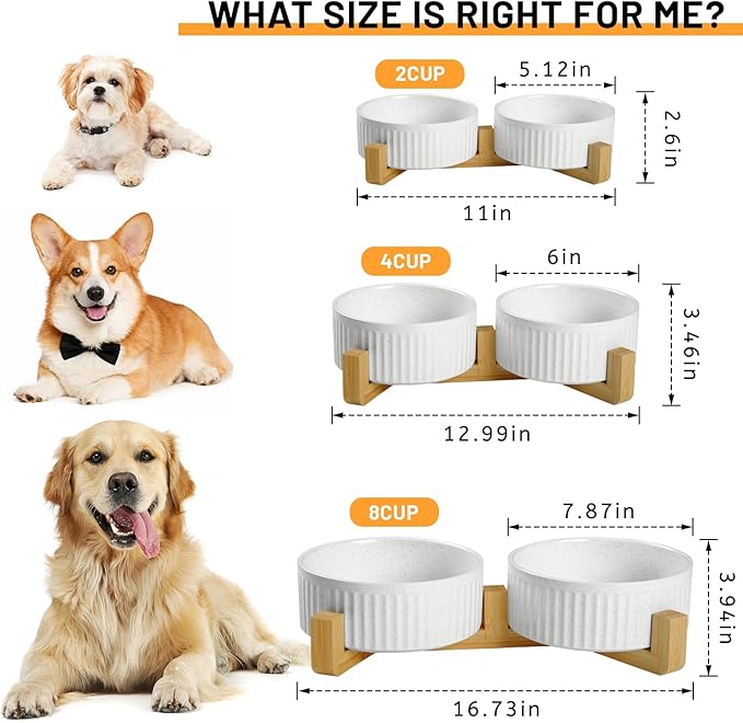 Non-Slip Ceramic Dog Bowls with Wood Stand,6" Dog Food and Water Bowl Set with Silicone Base, 32 OZ/4 Cups Weighted Flip-Proof Pet Feeding Bowl for Small Dogs and Cats (Medium,White)