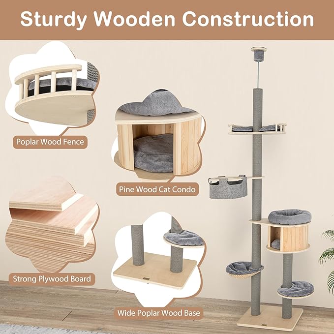 PETSITE Floor to Ceiling Cat Tree, 100-110 inch Height Adjustable, Multi-Level Cat Tower Floor to Ceiling with Scratching Posts, Cat Condo, Hammock, Tall Ceiling Cat Tree for Indoor Cats Large