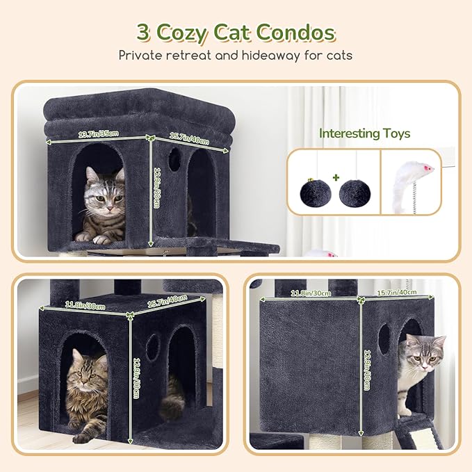Globlazer Cat Tower for Multiple Indoor Cats, 52 inch Heavy Duty Cat Tree with 3 Condos, Plush Cat Condo with Scratching Posts and Pad for Adult Cats Kitten, Padded Perch, Basket Bed, F52B, Dark Grey