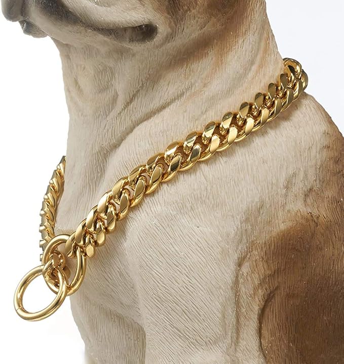 Strong 18K Gold Plated Dog Chain Collar Stainless Steel Width 10mm,12mm,15mm,18mm Cuban Link Choke Collar for Dog's Training,Daily Use (10mm,14'')