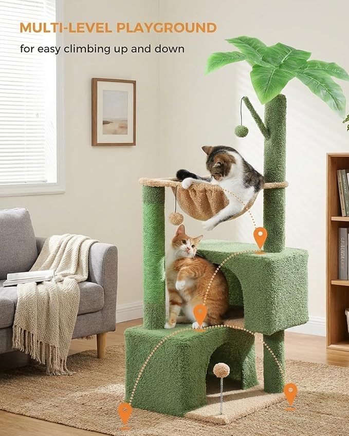 45-Inch Green Cat Tree with 2 Condos for Indoor Cats,Cat Tower with Scratching Posts for Small Cats,Cactus Cat Tree Tower with Hammock and Cat Toys