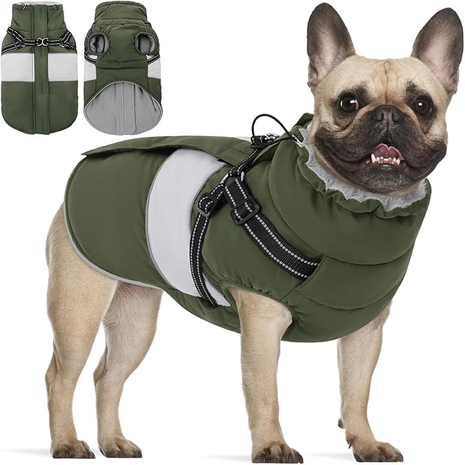 KOESON Dog Coat, Warm Dog Winter Jacket with Harness, Waterproof Pet Cold Weather Coats with Fleece Lining, Reflective & Windproof Snowsuit Sweater for Schnauzer, Yorkshire, Dachshund, Army Green S