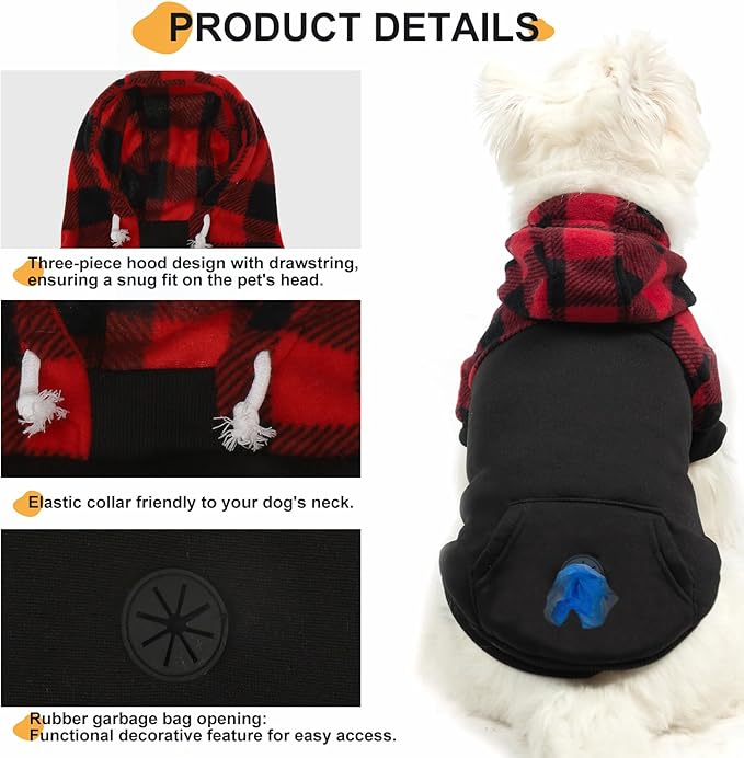 Dog Christmas Hoodie for Small Medium Large Dogs, Fleece Plaid Pet Hooded Clothes Sweater with Hat & Pocket for Cold Weather Winter,Warm Soft Pullover Sweatshirt Coat Outfit for Puppy Girls Boys S-M