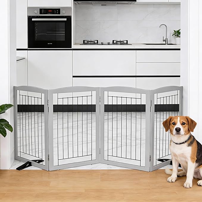 Dog Fence Indoor,Dog Gate Indoor for Doorway pet gate -4-Panel Freestanding, Hallways, House or Stairs -80x24-Inch Retractable Foldable Expandable Wood Pet by SFJC (Grey) ﻿